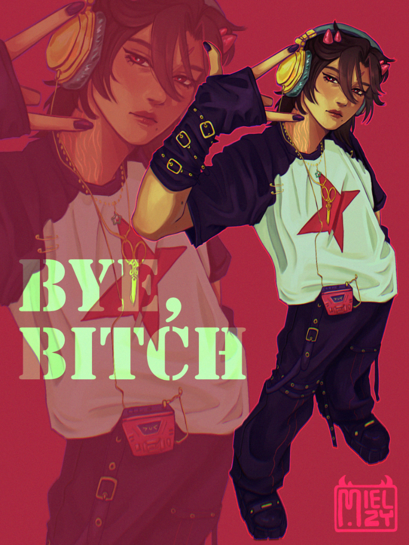 Two animated characters in stylish outfits with a bold text 'BYE, BITCH' on a red background.
