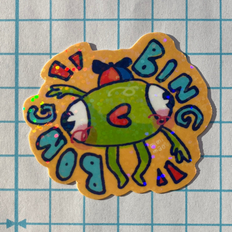 Colorful sticker with a cartoon character on a grid background