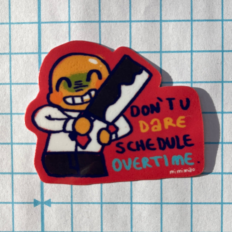 Sticker with a character holding a knife and text on a grid background