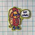 Cartoon hot dog with sunglasses and a speech bubble saying 'Hot Dawg!' on a grid background
