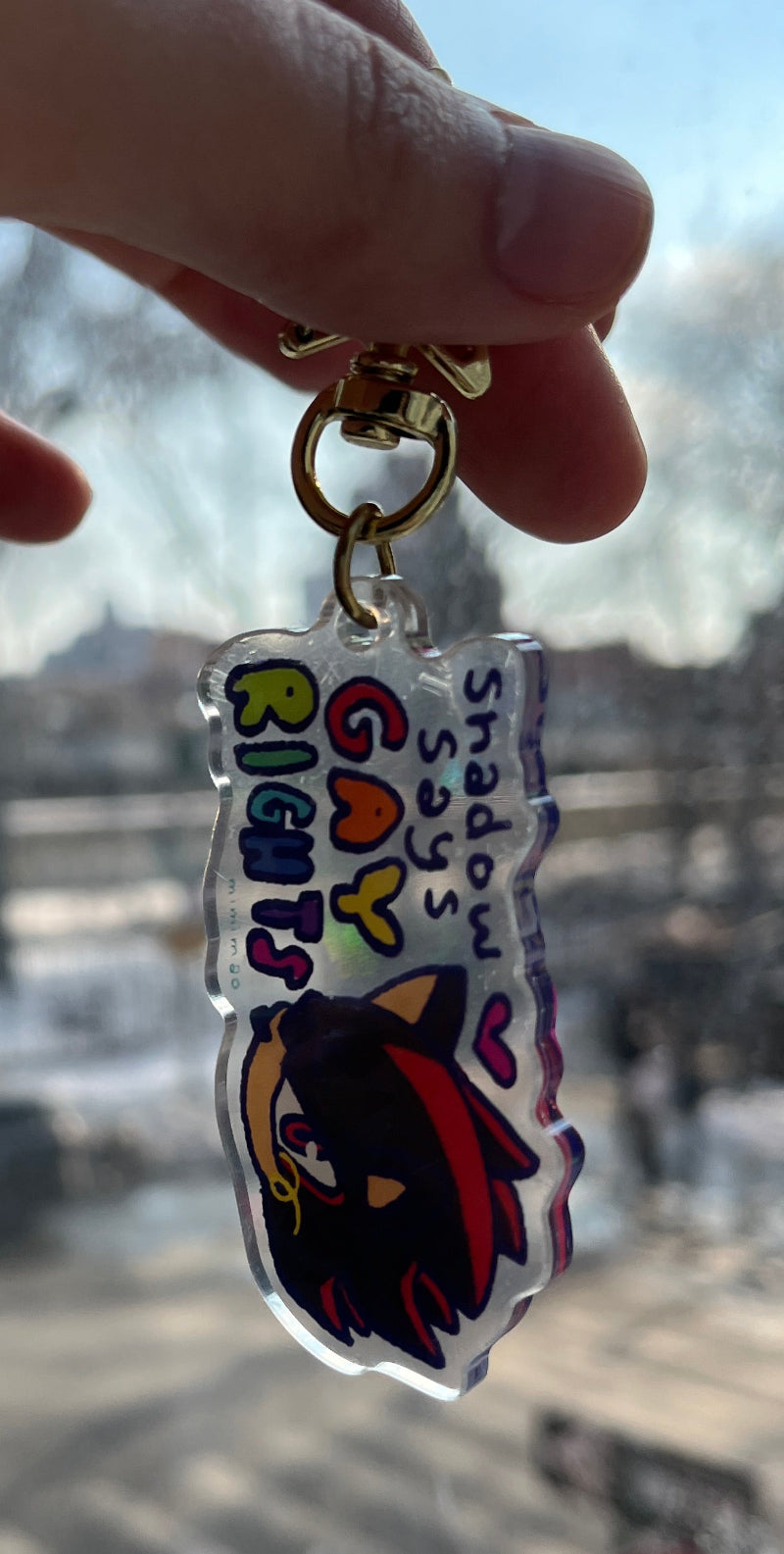 Hand holding a keychain with shadow hedgehog design and text in front of a blurred cityscape.
