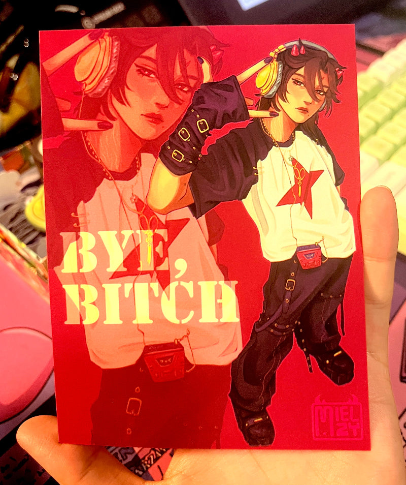 Card with anime-style illustration of two characters on a red background with text.