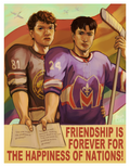 Two hockey players holding a book with text, with a rainbow flag in the background.