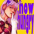Animated character with pink hair and purple outfit against a yellow background with 'how hungry' text.